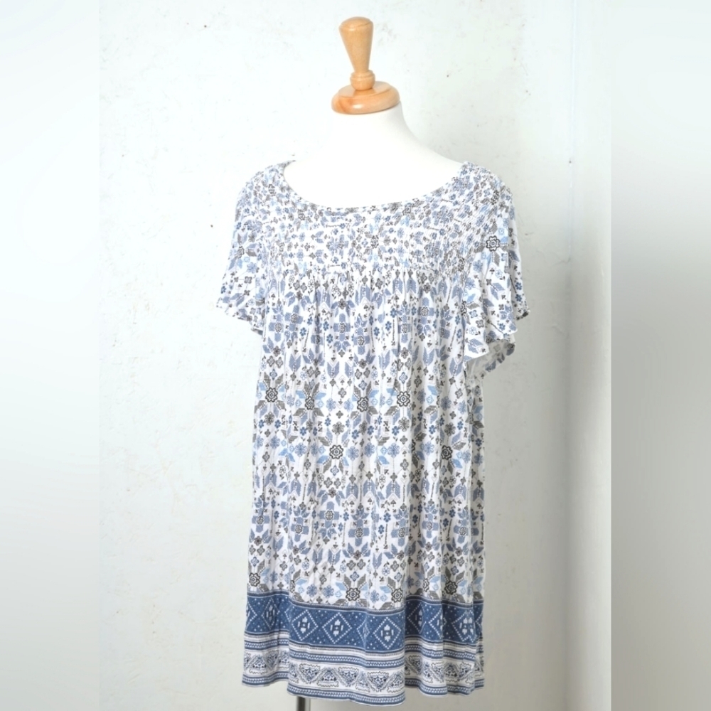 Hilary Radley | White & blue peasant style short sleeve women's top